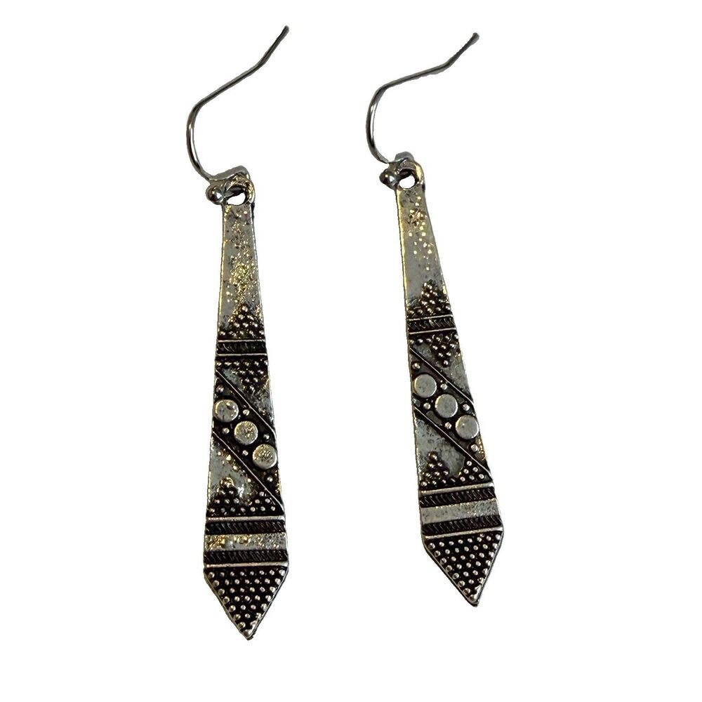 Vintage Silver Tone Geometric Tapered Dangle Earrings Tribal Boho Textured Drop